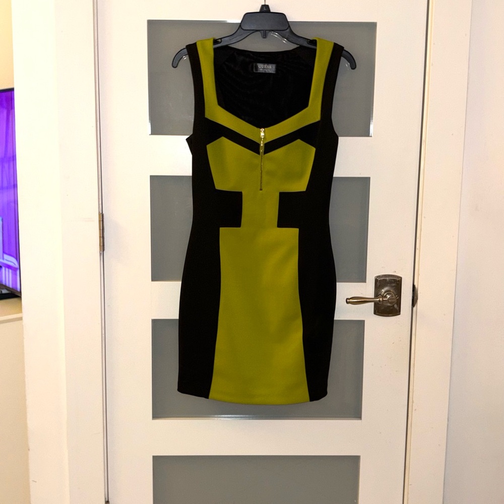 Guess Black and Olive Mini Bodycon Dress with Front Zip